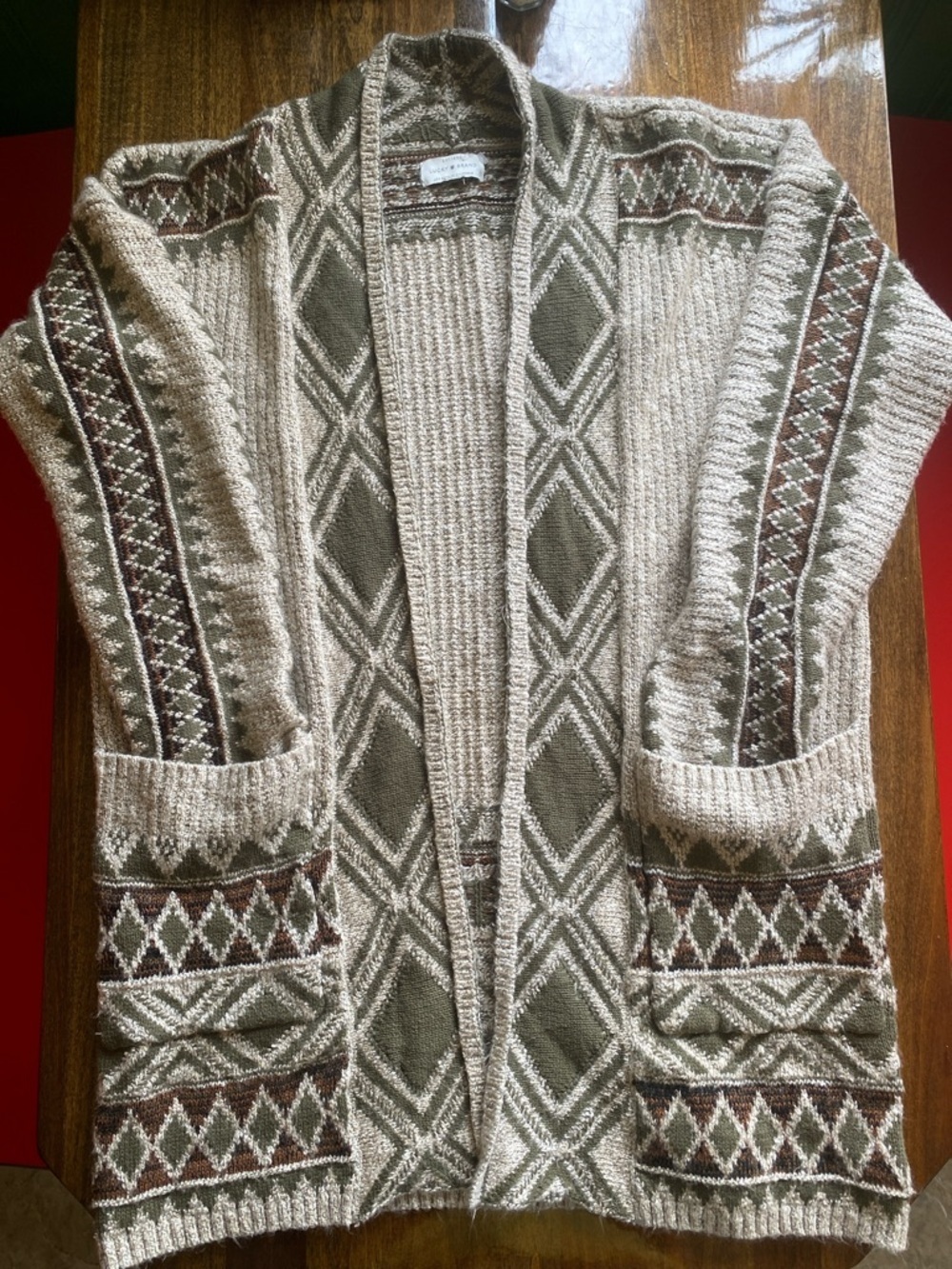 Lucky Brand Cream, Olive & Brown Geometric Open Cardigan